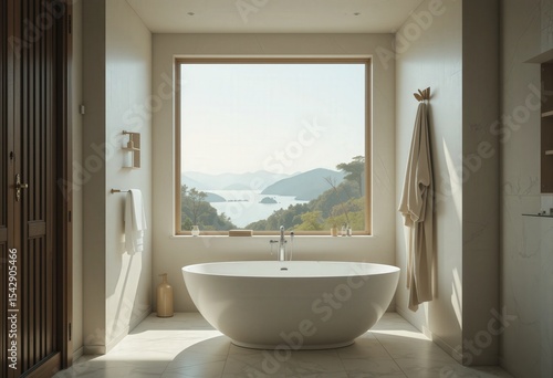 Serene Spa Retreat: A modern spa bathroom with a pristine white tub and a large window framing a breathtaking view of a serene landscape, creating an atmosphere of tranquility and relaxation.