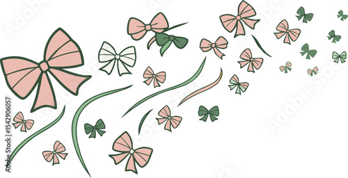 Elegant and whimsical arrangement of pastel pink and green bows on a white background