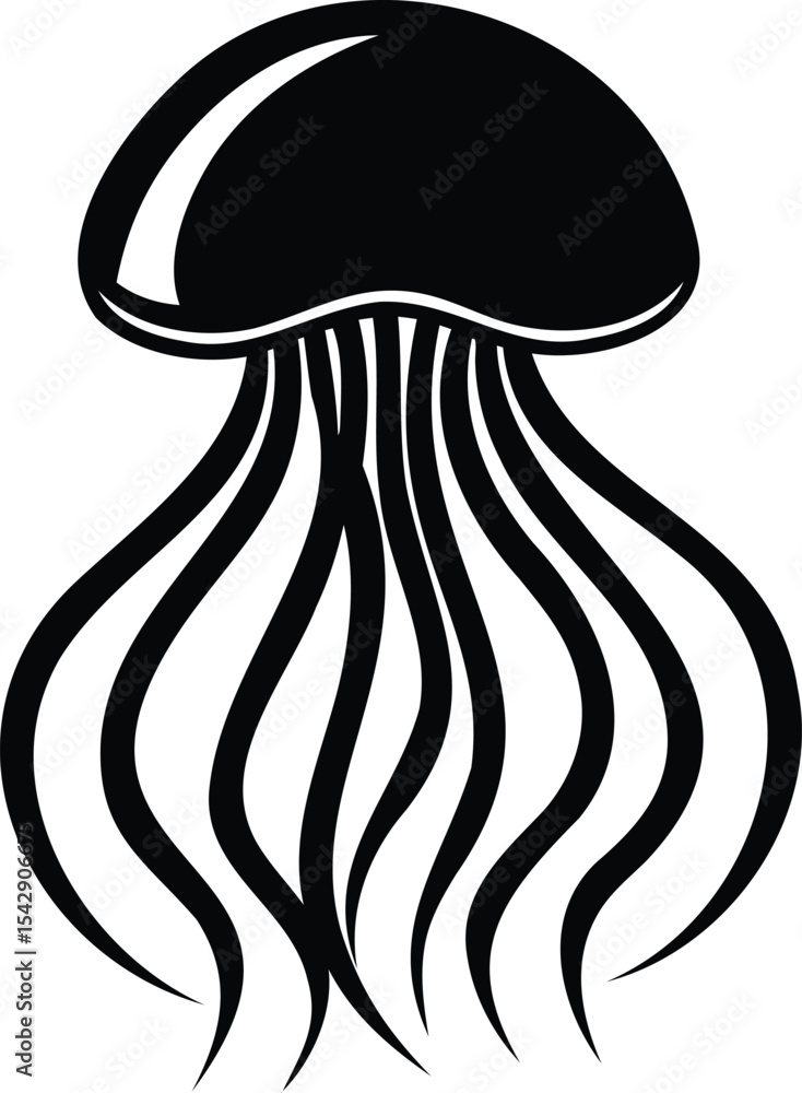 Monochromatic minimalist design of a jellyfish with elongated tentacles on white Monochromatic minimalist design of a jellyfish with elongated tentacles on white