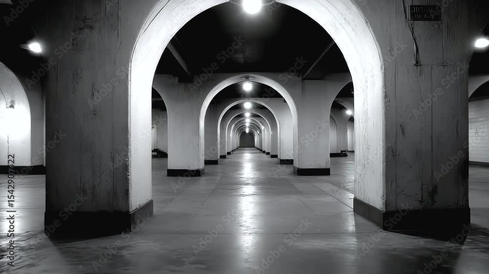 Abandoned subway station underground corridor with repeating arches and glowing lights grayscale, empty space evokes mysterious and eerie atmosphere Abandoned subway station underground corridor with repeating arches and glowing lights grayscale, empty space evokes mysterious and eerie atmosphere