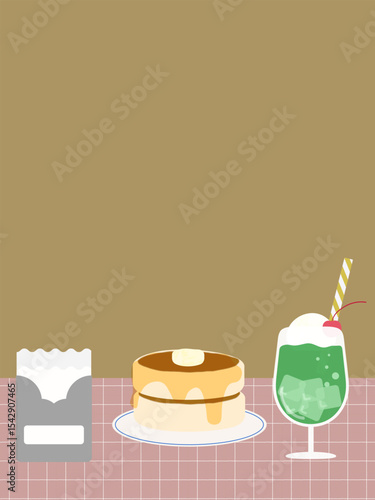純喫茶風のメロンソーダ・パンケーキ・紙ナプキンの背景イラスト