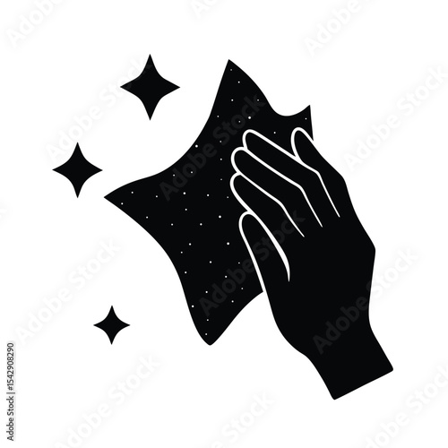 Hand wiping a cleaning cloth silhouette, Black Silhouette Hand with Cleaning Cloth Vector with Transparent Background, Sparkle Clean Isolated Design.