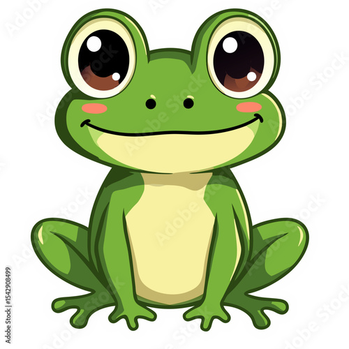 Adorable cartoon green frog sticker with big eyes grinning against a jet black background