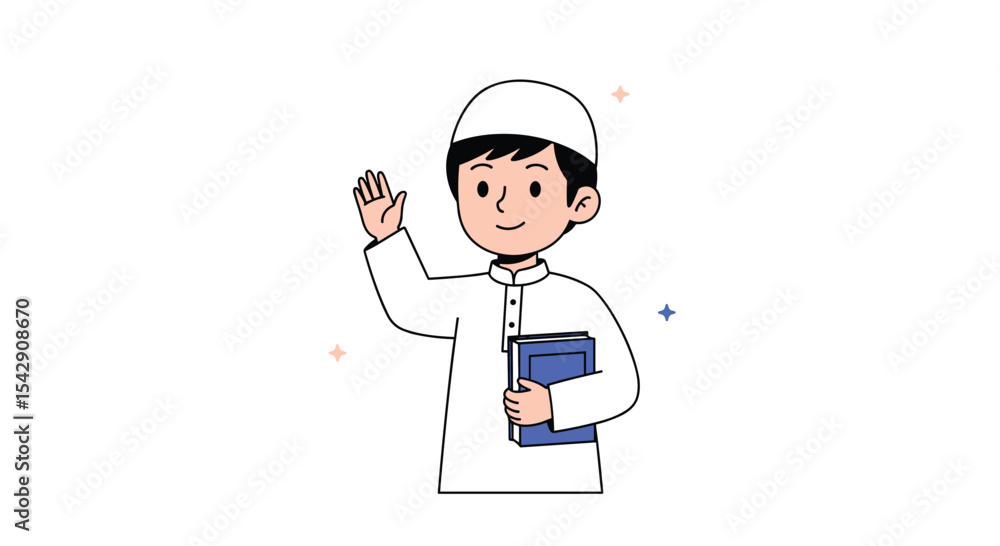 Illustration of a Muslim Boy Wearing a Traditional White Cap and White Clothes Illustration of a Muslim Boy Wearing a Traditional White Cap and White Clothes