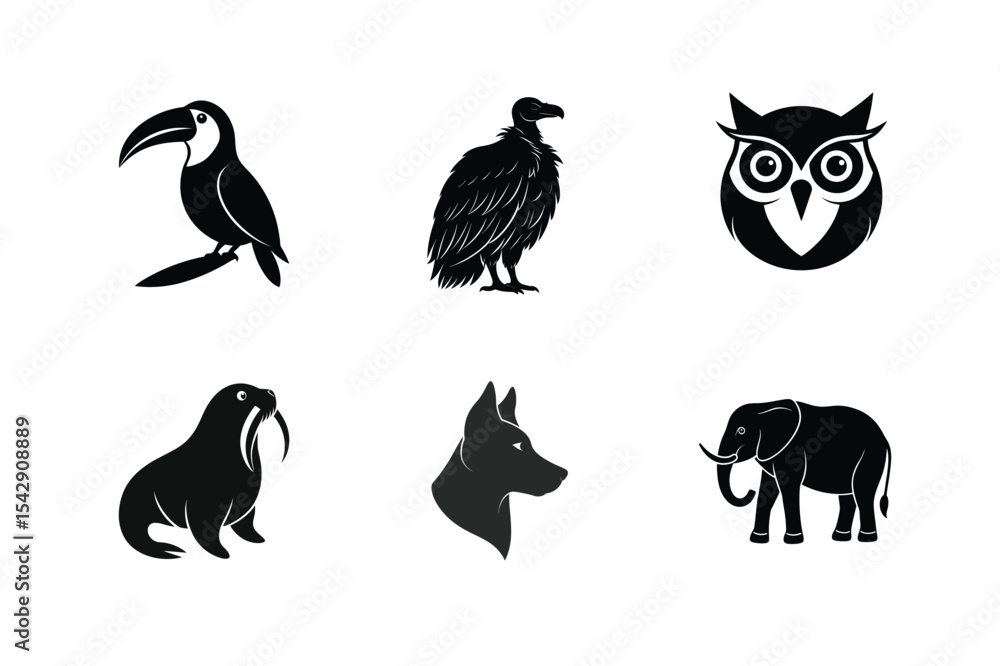 Fototapeta premium Six black silhouettes of wild animals