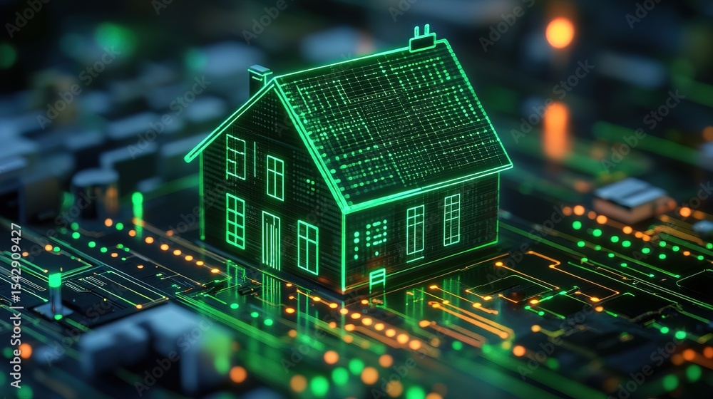 A smart home AI-driven energy consumption chart glowing in green A smart home AI-driven energy consumption chart glowing in green