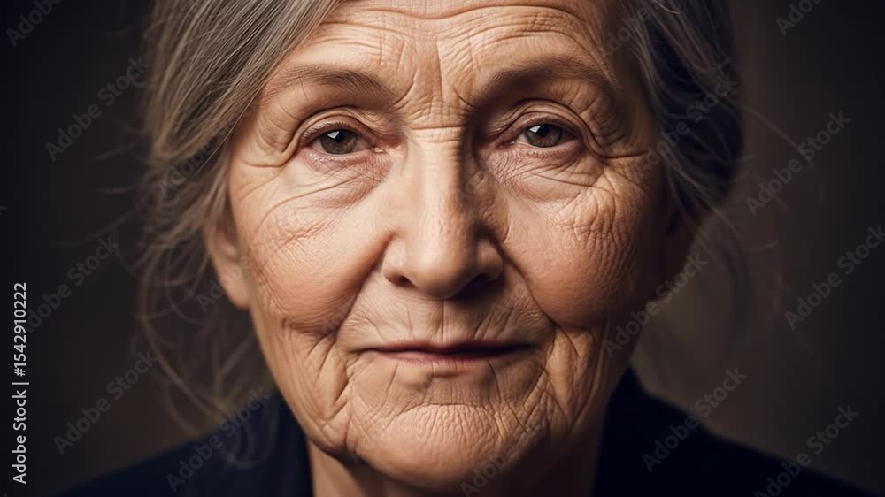 Close-up Portrait of a Smiling Elderly Woman with Gray Hair and Visible Wrinkles Close-up Portrait of a Smiling Elderly Woman with Gray Hair and Visible Wrinkles