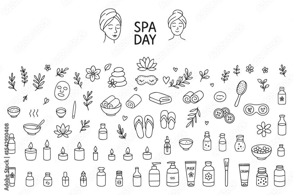 Obraz Beauty salon and spa doodle set. Skin care and natural treatment, natural cosmetics concept, time for yourself. Spa with aroma oil, nail file, sleep mask and other care items.