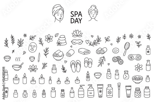 Beauty salon and spa doodle set. Skin care and natural treatment, natural cosmetics concept, time for yourself. Spa with aroma oil, nail file, sleep mask and other care items.