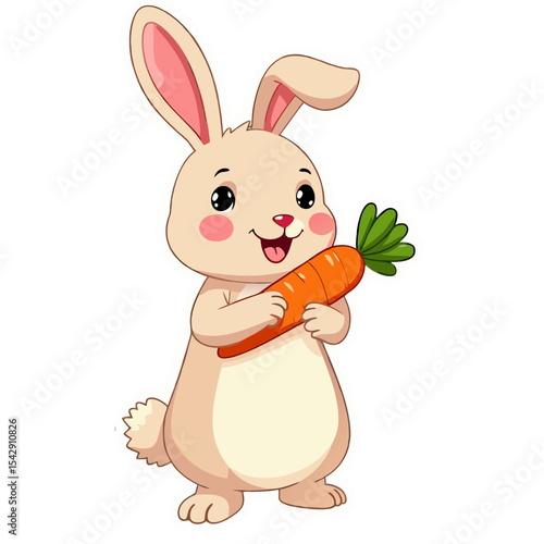 Cute cartoon bunny rabbit smiling and holding a carrot against a black background perfectly