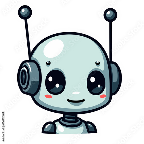 Cute Cartoon Robot Illustration with Antennae, Headphones, and a Friendly Expression Icon