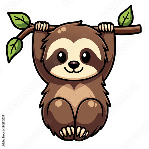 Adorable Cartoon Sloth Clinging to a Branch with Big Eyes on a Digital Illustration