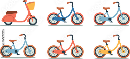 Set of colorful kid's balance bikes in various pastel shades, perfect for showcasing early childhood mobility, learning, and playful design elements.