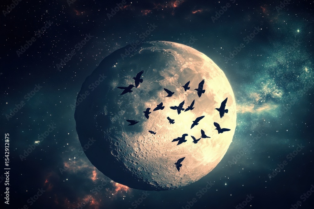 Obraz premium Flock of birds soaring across a giant moon in a starry night sky, The silhouette of a flock of birds flying in front of a giant moon
