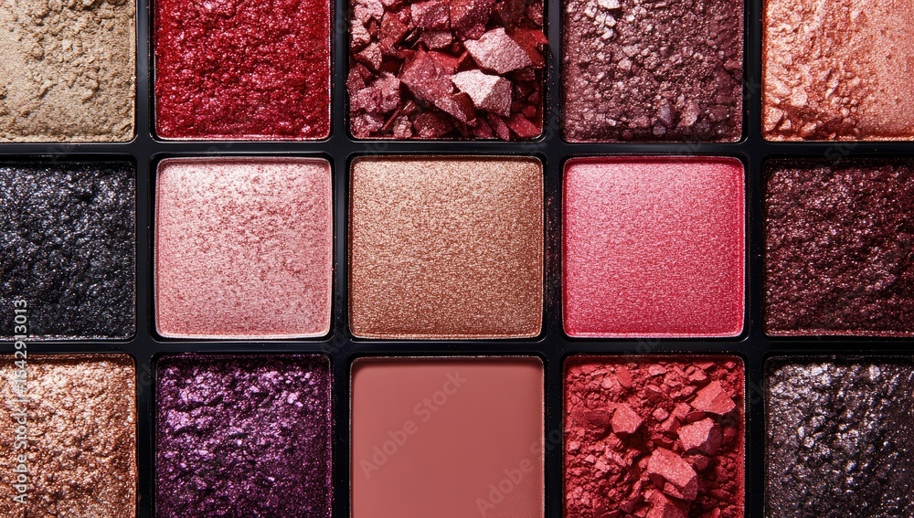Fototapeta premium Close-up of a colorful eyeshadow palette with crushed pigments in various shades of pink, red, brown, and taupe