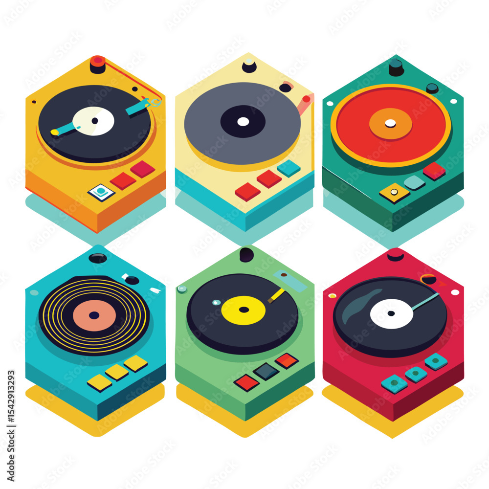 Fototapeta premium Six record player set isolated on white background