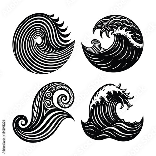 A tribal wave pattern set silhouette white background