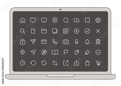 シンプルなUIアイコンセットとノートパソコンのベクターイラスト