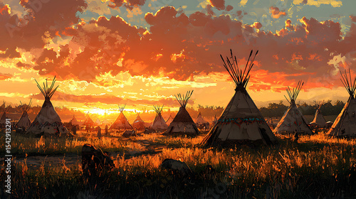 View of an indian native american village with teepee tents