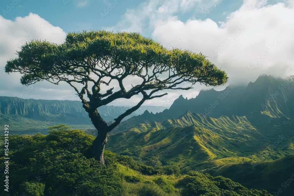 Obraz premium Majestic vine tree overlooks the stunning landscape of Kauai in vibrant daylight, Cinematic tilt on majestic vine tree in Kauai wide, steady cam shot