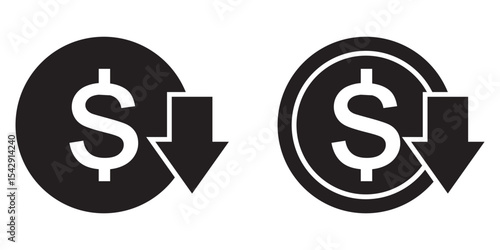 Cost reduction icon set vector. dollar decrease sign. profit decrease symbol. cost saving sign. Cost reduce sign icon for web site. Dollar down icon. Cost reduction icon.