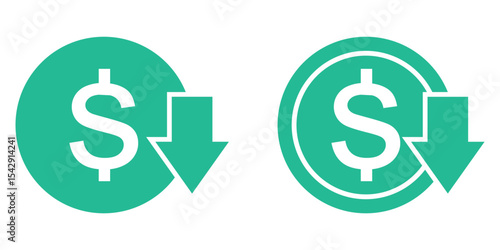 Cost reduction icon set vector. dollar decrease sign. profit decrease symbol. cost saving sign. Cost reduce sign icon for web site. Dollar down icon. Cost reduction icon.