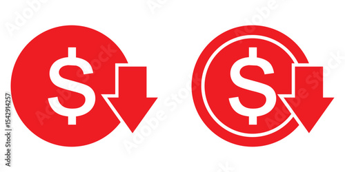 Cost reduction icon set vector. dollar decrease sign. profit decrease symbol. cost saving sign. Cost reduce sign icon for web site. Dollar down icon. Cost reduction icon.