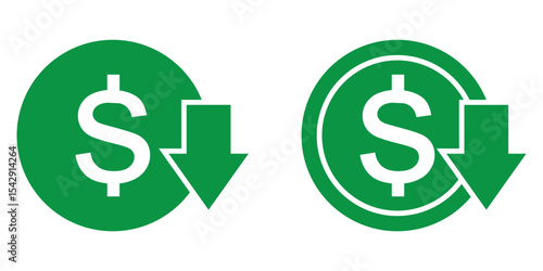 Cost reduction icon set vector. dollar decrease sign. profit decrease symbol. cost saving sign. Cost reduce sign icon for web site. Dollar down icon. Cost reduction icon.