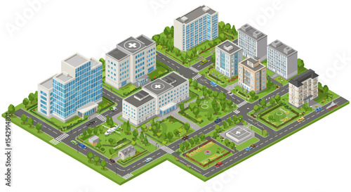 Isometric cityscape hospital district with green spaces and buildings for urban planning vector illustration