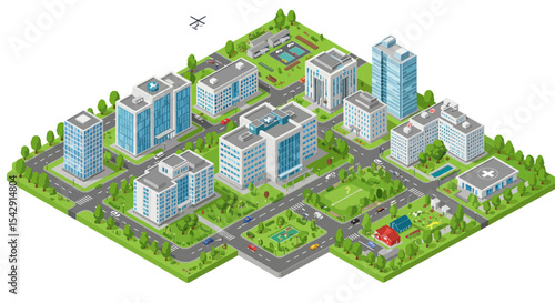 Isometric cityscape with modern buildings and urban park design vector illustration