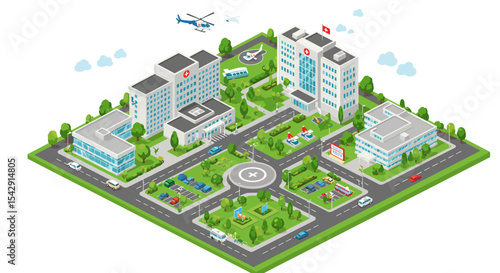 Modern hospital complex with helicopter landing pad and surrounding facilities for healthcare design vector illustration