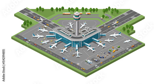 Isometric airport terminal hub with airplanes and control tower for transport and travel design vector illustration
