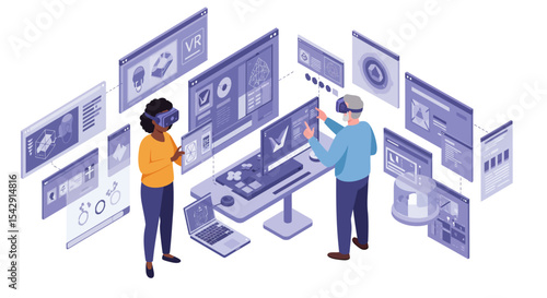 Virtual reality and data analysis collaboration in a futuristic office environment vector illustration