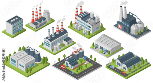 Isometric industrial buildings and factories for urban planning and design vector illustration