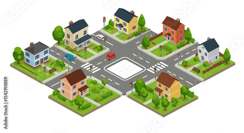 Scenic cartoon neighborhood street scene with houses and greenery vector illustration