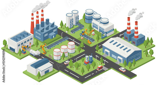 Isometric industrial park with factories and warehouses for urban development and planning vector illustration