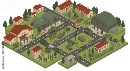 Military base isometric view with soldiers and vehicles for strategic planning and design vector illustration