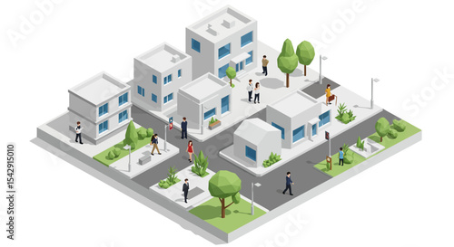 Modern urban neighborhood with minimalist architecture and community interaction vector illustration