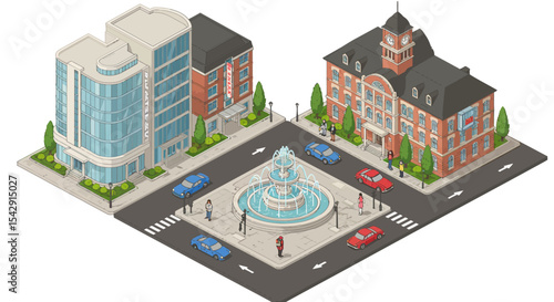 Urban cityscape with modern buildings and fountain in town square vector illustration