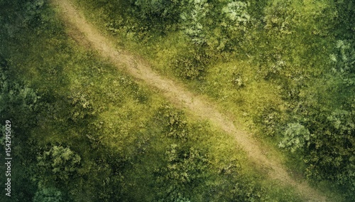 High-angle view of a path through a lush green forest