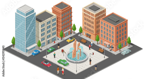 Isometric urban cityscape with fountain and surrounding buildings vector illustration