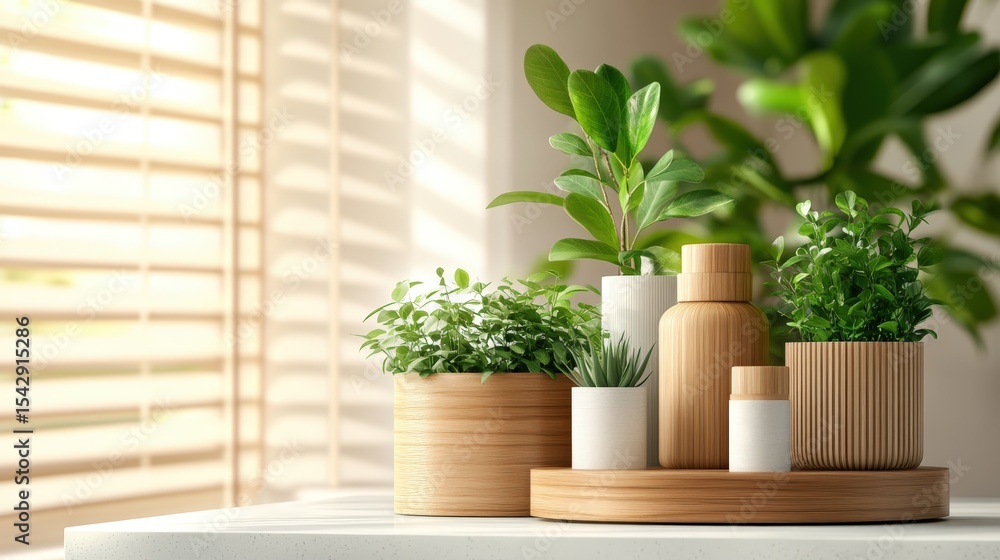 Fototapeta premium Modern indoor plant arrangement with various potted greenery on a white surface near window sunlight