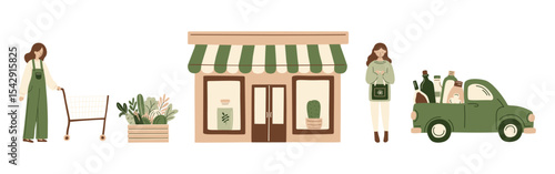 Woman with shopping cart, organic food market, eco grocery store, farm fresh vegetables, sustainable local produce, zero waste, green delivery truck, healthy lifestyle, Hand-drawn vector illustration.