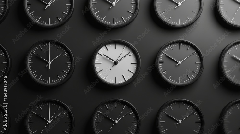 58.A vector design displaying an array of minimalistic wall clocks, each with distinct dials in monochromatic black and white tones, highlighted with precision detailing and soft reflections. 58.A vector design displaying an array of minimalistic wall clocks, each with distinct dials in monochromatic black and white tones, highlighted with precision detailing and soft reflections.