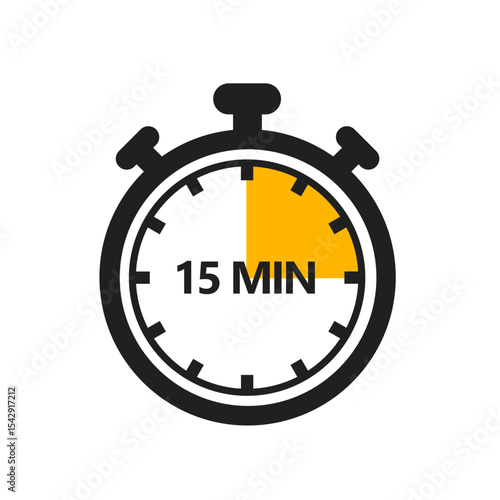 15 Minute Timer Icon in a Modern Flat Style. A Clock, Stopwatch, or Chronometer Displaying a Fifteen Minute Mark. Ideal for Cooking Duration or Countdown Display