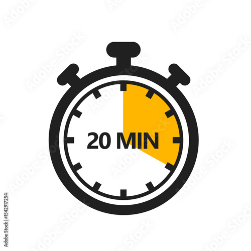 20 Minute Timer Icon in a Modern Flat Style. A Clock, Stopwatch, or Chronometer Displaying a Twenty Minute Mark. Ideal for Cooking Duration or Countdown Display