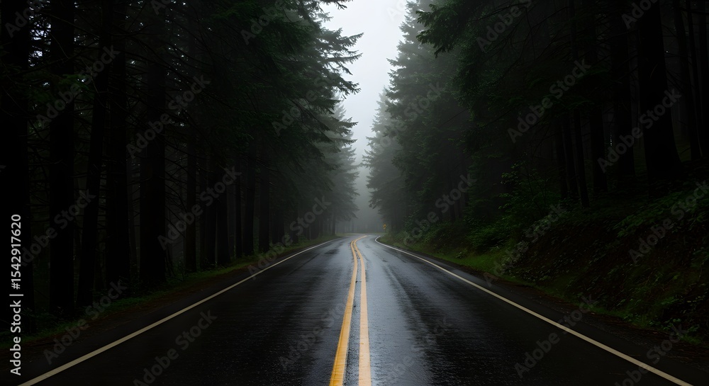Peaceful Rainy Road through Lush Green Forest Landscape Peaceful Rainy Road through Lush Green Forest Landscape