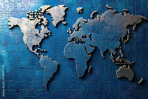 Puzzle world concept, cartographic map forming from modular blue tiles