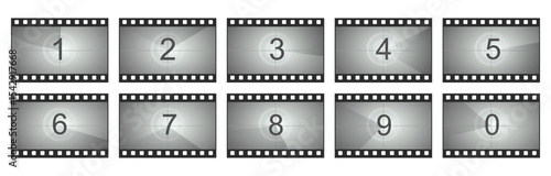 Countdown movie frame, film intro animation retro video screen. Start Timer set, film strip border, Vintage counter.