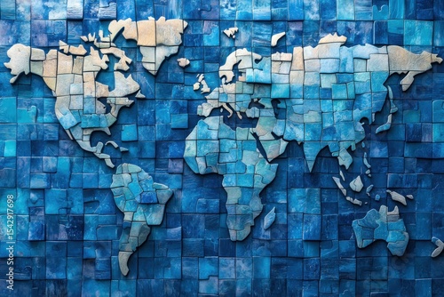 Puzzle world concept, cartographic map forming from modular blue tiles